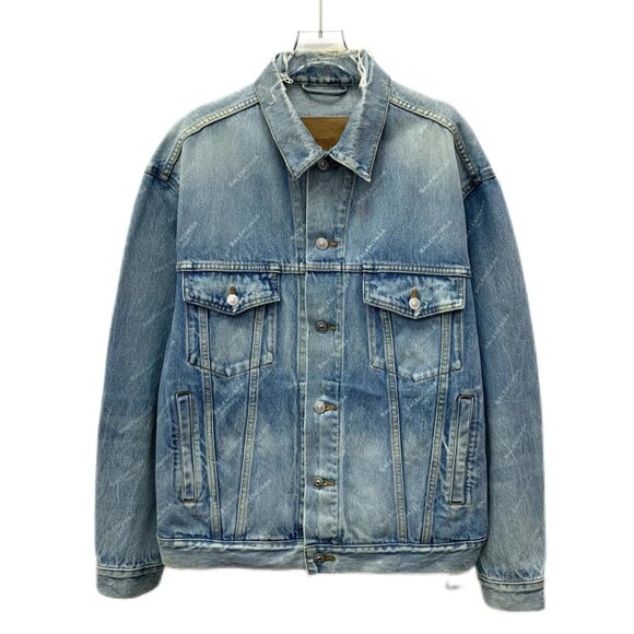 Balenciaga Blue Logo Letter Full-Print Distressed Cotton Denim Jacket - Picture 1 of 8